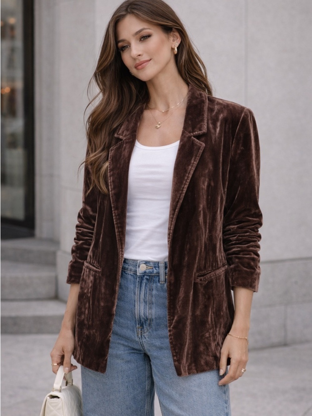 Anthropologie Velvet Open Front Blazer in Chocolate Brown size s